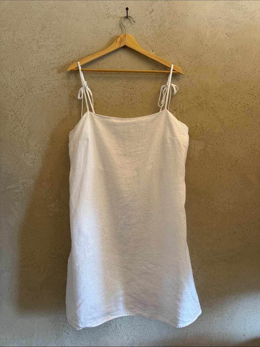 Quince Fully Lined linen mini Dress White Tie Shoulder Slip Dress XL pocket